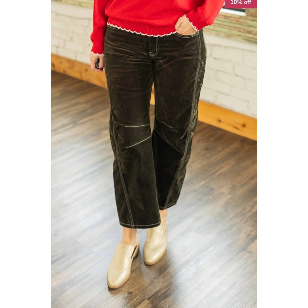 NWT Vervet Kate High Rise Flocked Barrel Leg Jeans Velvet Olive Brown Size 30 - Picture 3 of 16